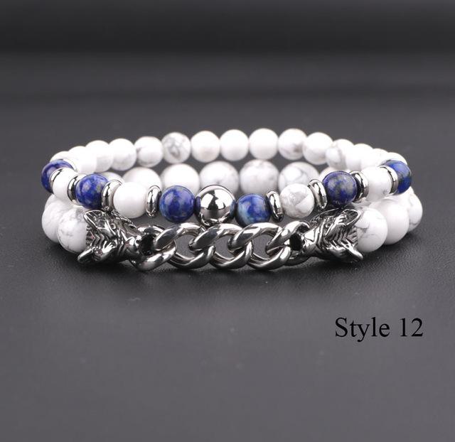 Natural Stone & Stainless Steel  Double WOLF 'LOYALTY' 2 pc Bracelet Set -13 Styles