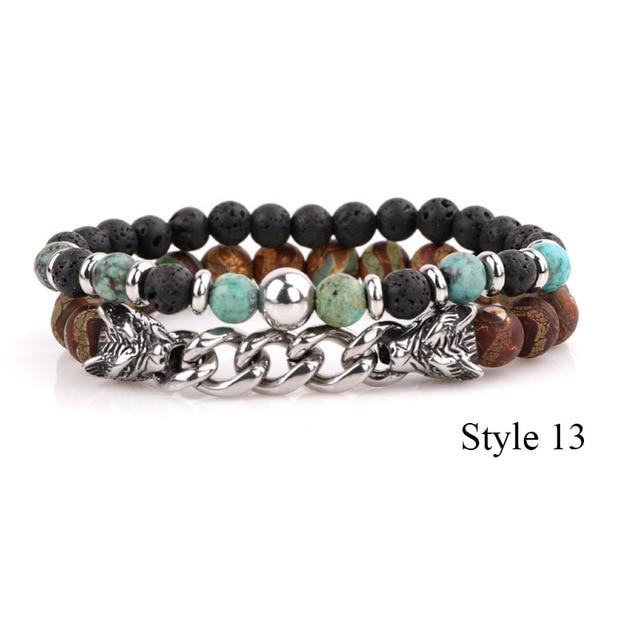 Natural Stone & Stainless Steel  Double WOLF 'LOYALTY' 2 pc Bracelet Set -13 Styles