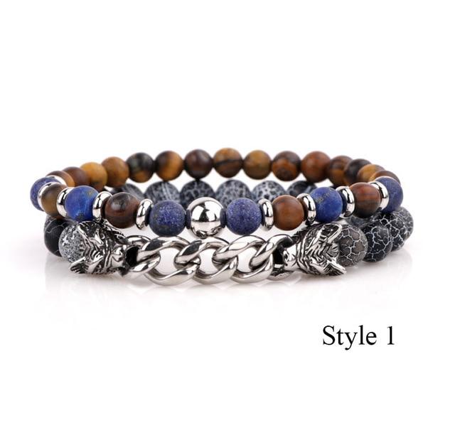 Natural Stone & Stainless Steel  Double WOLF 'LOYALTY' 2 pc Bracelet Set -13 Styles