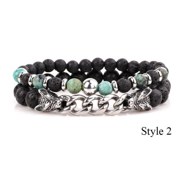 Natural Stone & Stainless Steel  Double WOLF 'LOYALTY' 2 pc Bracelet Set -13 Styles