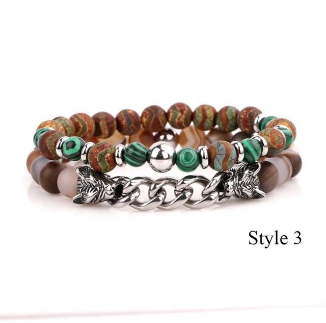 Natural Stone & Stainless Steel  Double WOLF 'LOYALTY' 2 pc Bracelet Set -13 Styles