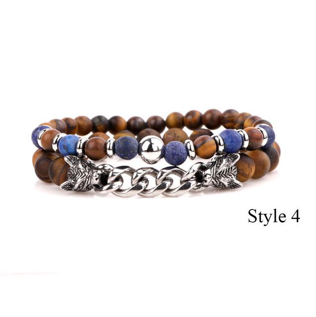 Natural Stone & Stainless Steel  Double WOLF 'LOYALTY' 2 pc Bracelet Set -13 Styles