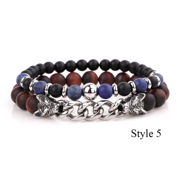 Natural Stone & Stainless Steel  Double WOLF 'LOYALTY' 2 pc Bracelet Set -13 Styles