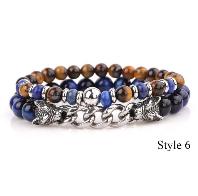 Natural Stone & Stainless Steel  Double WOLF 'LOYALTY' 2 pc Bracelet Set -13 Styles