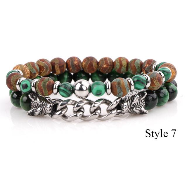 Natural Stone & Stainless Steel  Double WOLF 'LOYALTY' 2 pc Bracelet Set -13 Styles