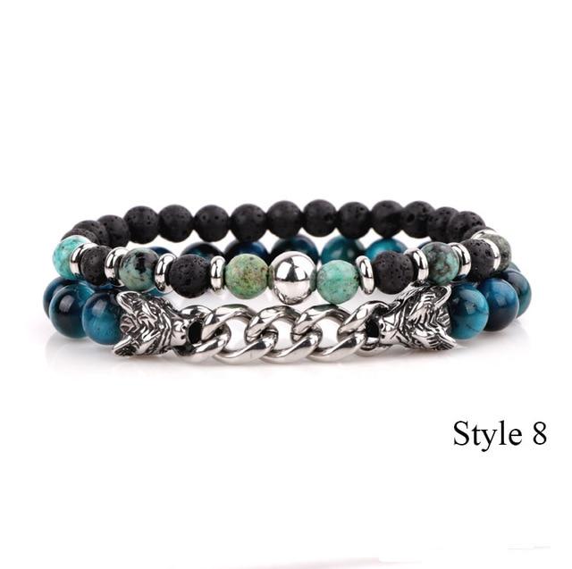 Natural Stone & Stainless Steel  Double WOLF 'LOYALTY' 2 pc Bracelet Set -13 Styles