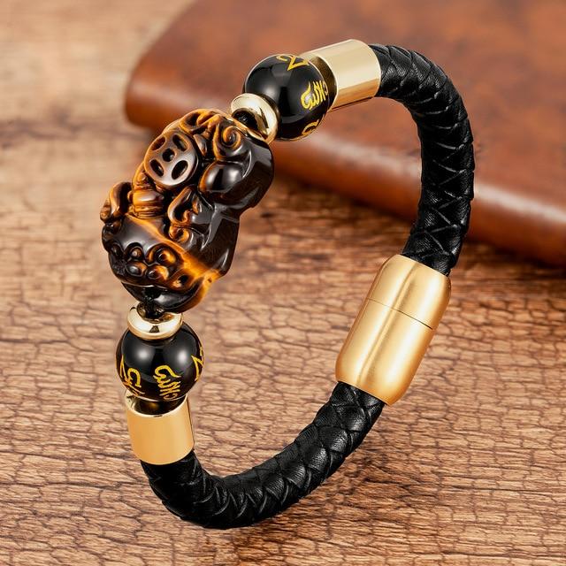 Steel , Leather & Tiger Eye Stone Feng Shui PIXIU For GOOD FORTUNE Bracelet