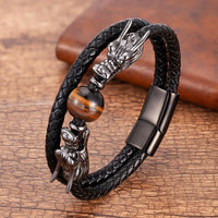 Thumbnail for Steel, Leather and Stone STRENGTH Bracelet with Dual Dragon Heads