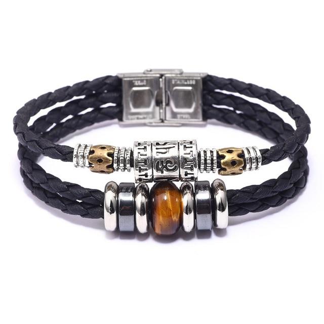 Tibetan Om Mani Padme Hum Mantra, Leather & Natural Stone SPIRITUAL Bracelet