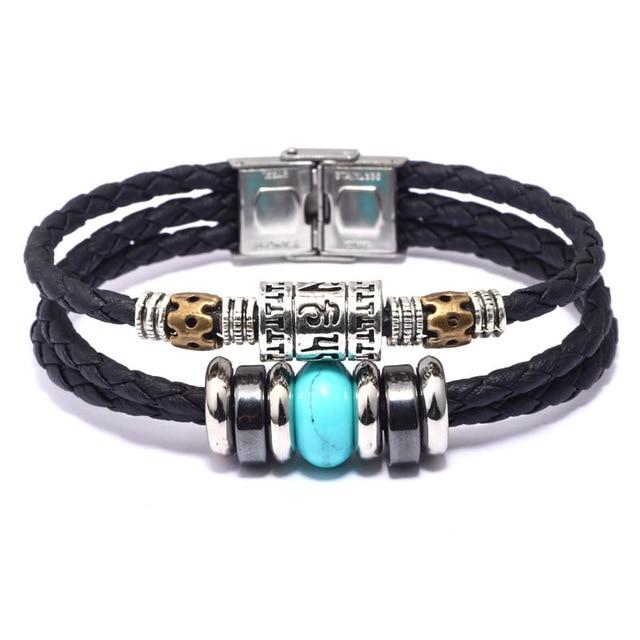 Tibetan Om Mani Padme Hum Mantra, Leather & Natural Stone SPIRITUAL Bracelet