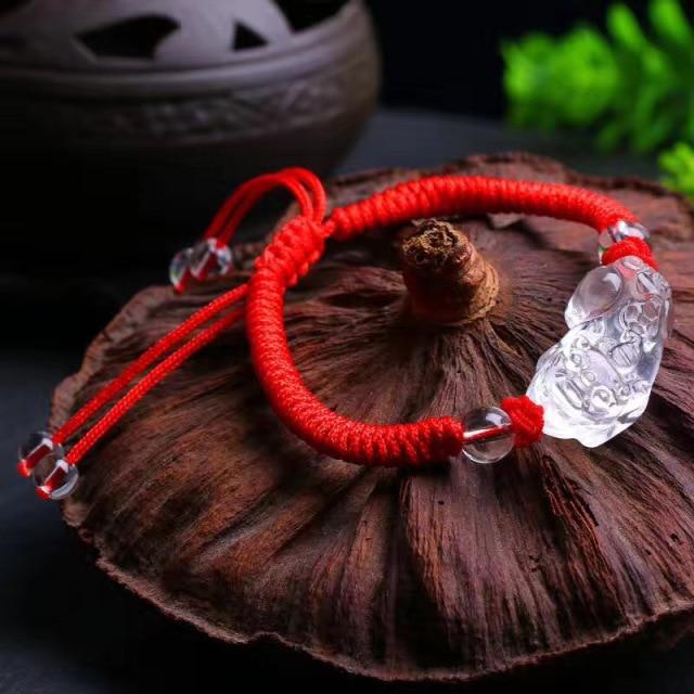 Hand Carved Clear Quartz FENG SHUI PIXIU 'AMPLIFIED PROSPERITY' Red Rope Bracelet