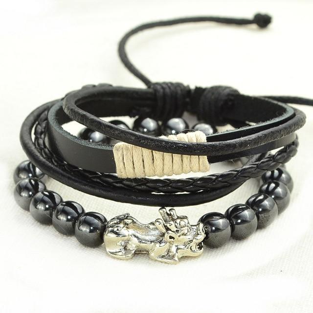 2 pc Multi-Layer Feng Shui  WEALTH PIXIU, Leather & Hematite Men's Bracelet Set