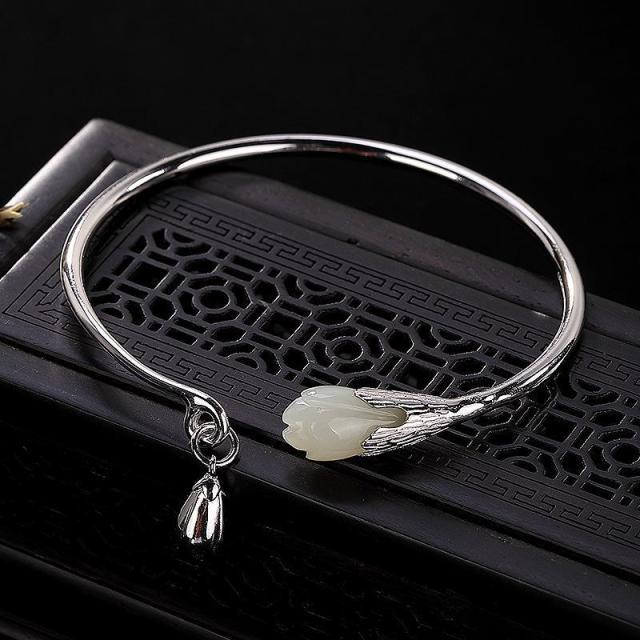 THAI SILVER Hetian Jade Orchid Blossom 'FERTILITY' Bangle