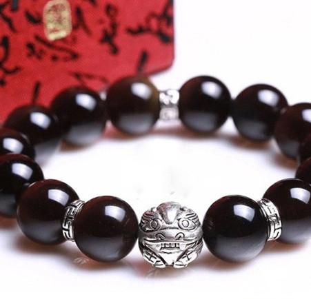 Natural Obsidian Beads Charms 925 Sterling Silver Bracelet