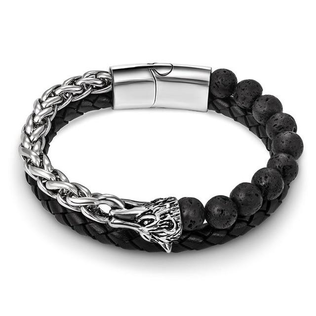 Stainless Steel , Lava Stone & Leather EAGLE / WOLF/ SKULL/ LION SPIRIT Charm Bracelet