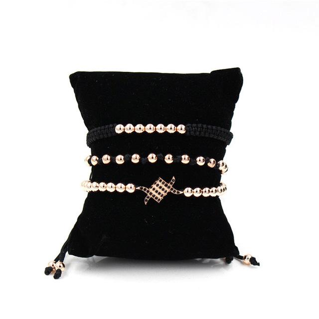 Luxury 3pc CZ & Copper Bead Bracelet Set- Silver, Gold, Rose & Black Options