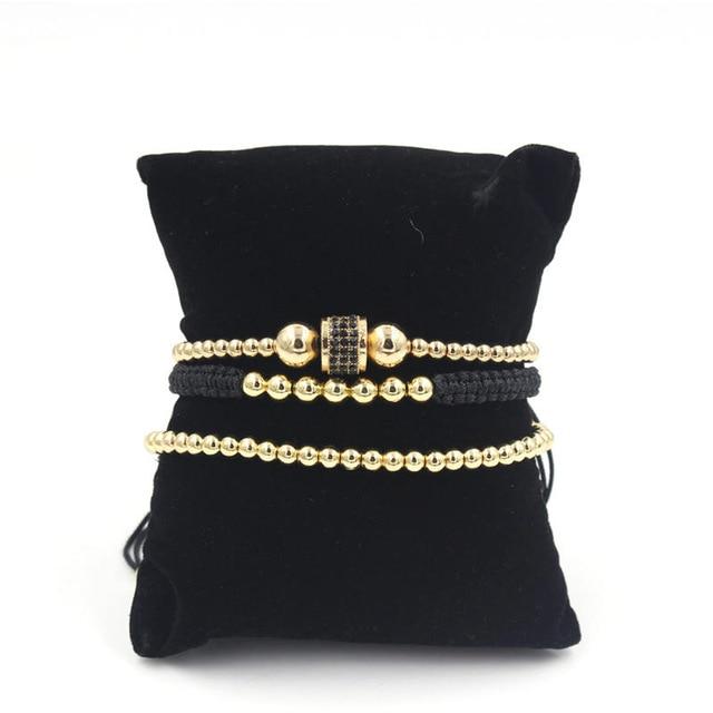 Luxury 3pc CZ & Copper Bead Bracelet Set- Silver, Gold, Rose & Black Options