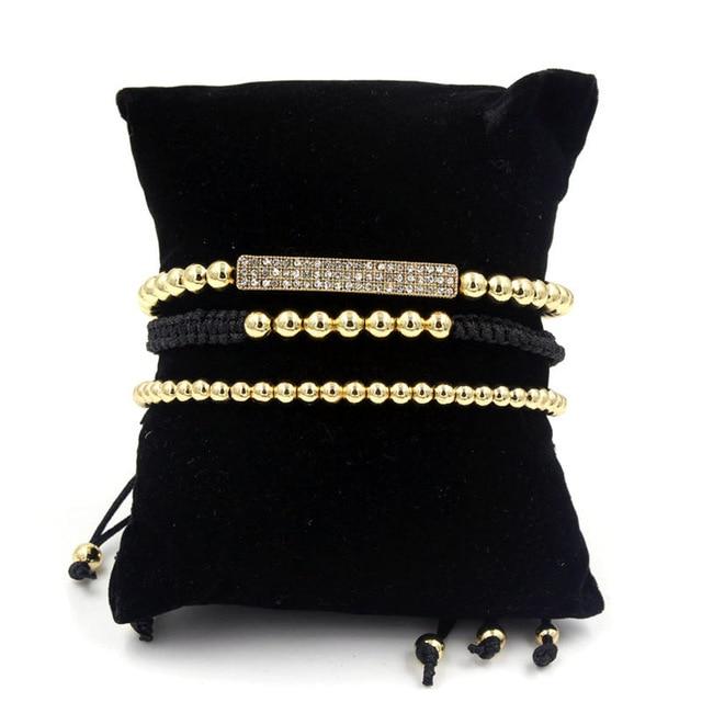 Luxury 3pc CZ & Copper Bead Bracelet Set- Silver, Gold, Rose & Black Options