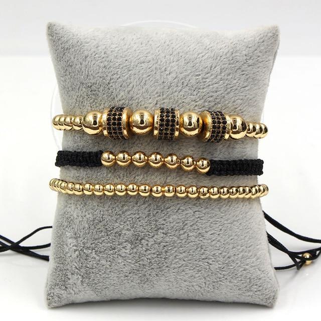 Luxury 3pc CZ & Copper Bead Bracelet Set- Silver, Gold, Rose & Black Options