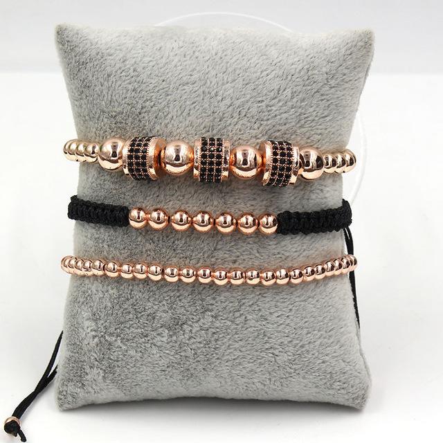 Luxury 3pc CZ & Copper Bead Bracelet Set- Silver, Gold, Rose & Black Options