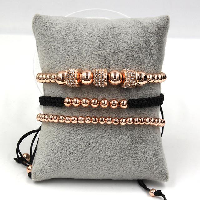 Luxury 3pc CZ & Copper Bead Bracelet Set- Silver, Gold, Rose & Black Options