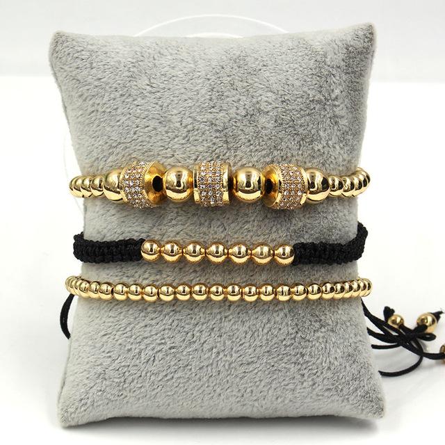 Luxury 3pc CZ & Copper Bead Bracelet Set- Silver, Gold, Rose & Black Options