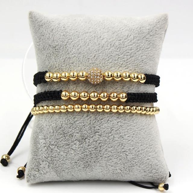 Luxury 3pc CZ & Copper Bead Bracelet Set- Silver, Gold, Rose & Black Options