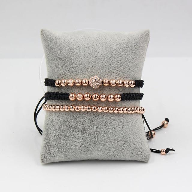 Luxury 3pc CZ & Copper Bead Bracelet Set- Silver, Gold, Rose & Black Options