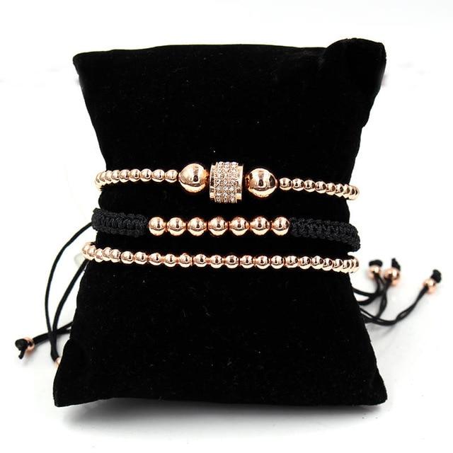 Luxury 3pc CZ & Copper Bead Bracelet Set- Silver, Gold, Rose & Black Options