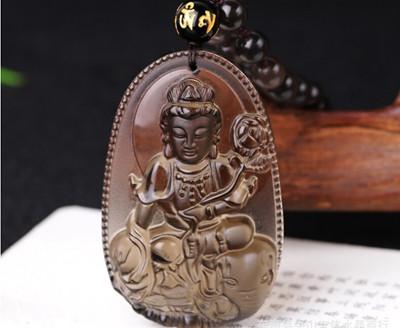 Natural Ice Black Obsidian Carved Buddha Necklace