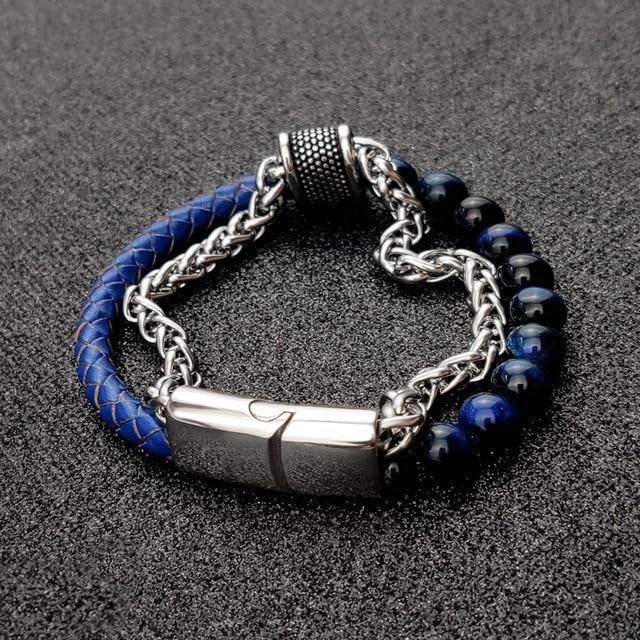 3 n' 1 Men's Leather , Steel Wheat Chain & Green/Blue/Red Tiger Eye Stone Luxury Bracelet