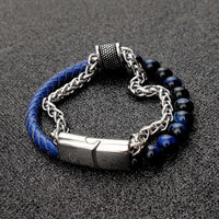 Thumbnail for 3 n' 1 Men's Leather , Steel Wheat Chain & Green/Blue/Red Tiger Eye Stone Luxury Bracelet