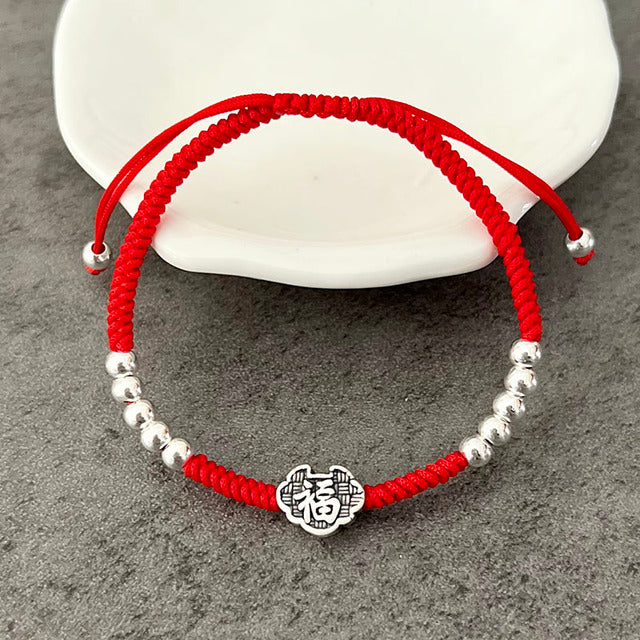 Red Rope & Silver Wealth 'Fu' Symbol Bracelet