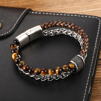 Thumbnail for 3 n' 1 Men's Leather , Steel Wheat Chain & Green/Blue/Red Tiger Eye Stone Luxury Bracelet