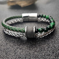 Thumbnail for 3 n' 1 Men's Leather , Steel Wheat Chain & Green/Blue/Red Tiger Eye Stone Luxury Bracelet