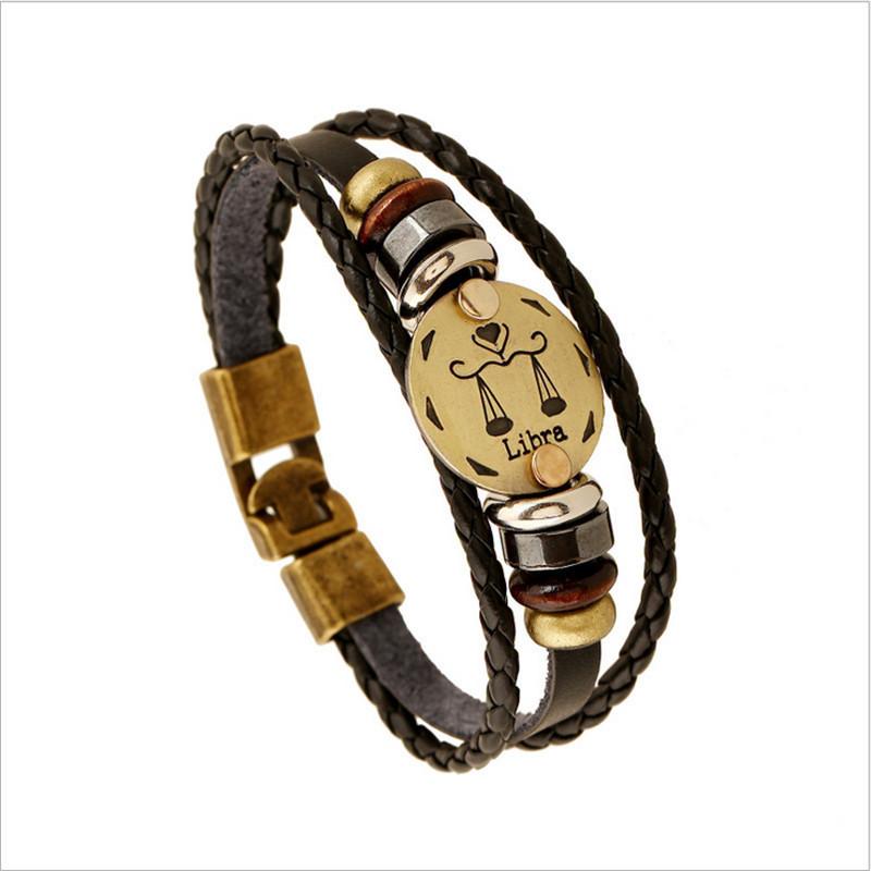 Unique Zodiac Constellation Leather  Bronze Bracelet
