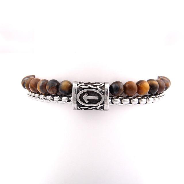 Stainless Steel ,Natural Tiger Eye/Obsidian STONE & VIKING RUNE Men's Bracelet