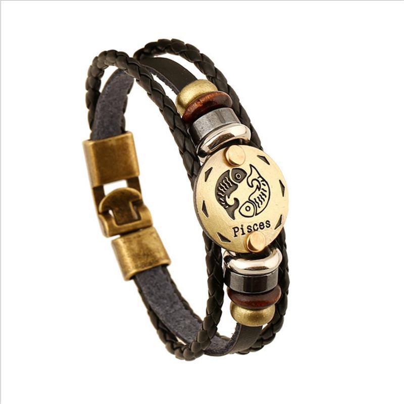 Unique Zodiac Constellation Leather  Bronze Bracelet