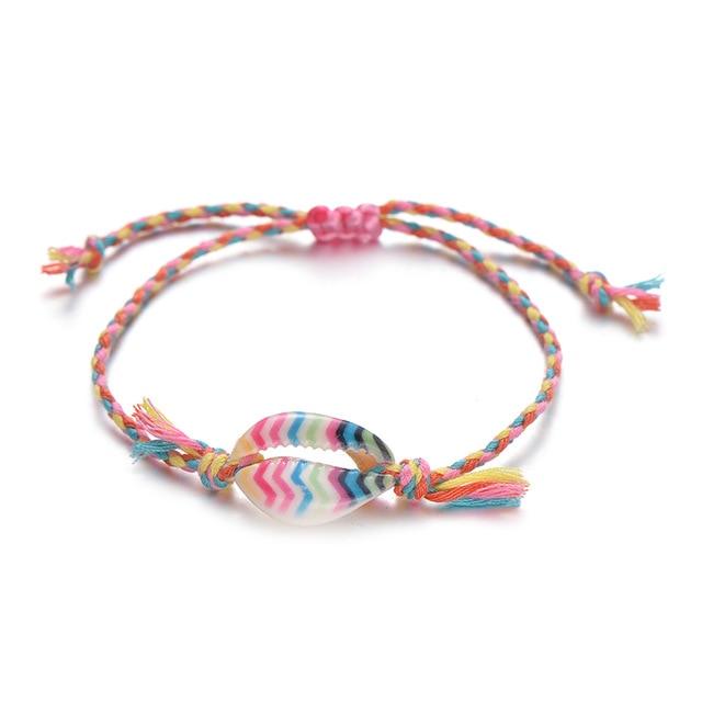 Printed Cowrie  Shell & Braided Cotton Rope  SUMMER FUN Boho Charm Bracelet-25 Styles/Colors