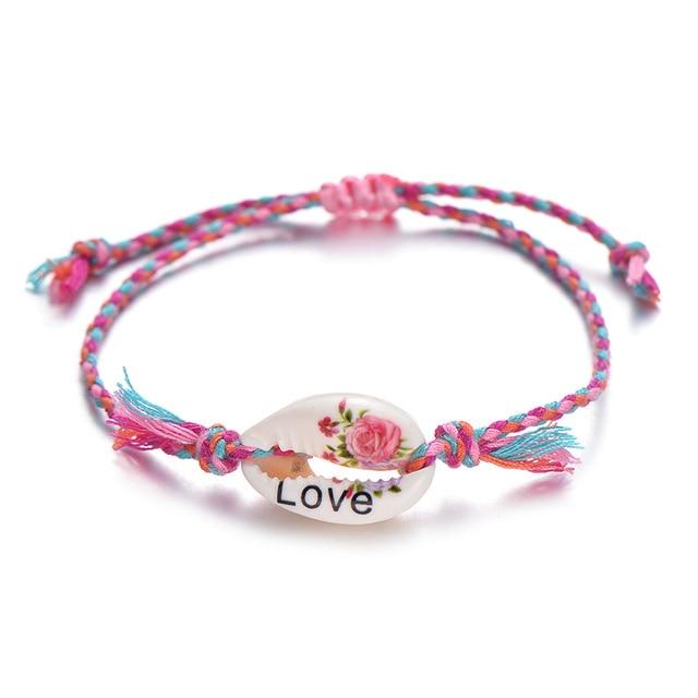 Printed Cowrie  Shell & Braided Cotton Rope  SUMMER FUN Boho Charm Bracelet-25 Styles/Colors