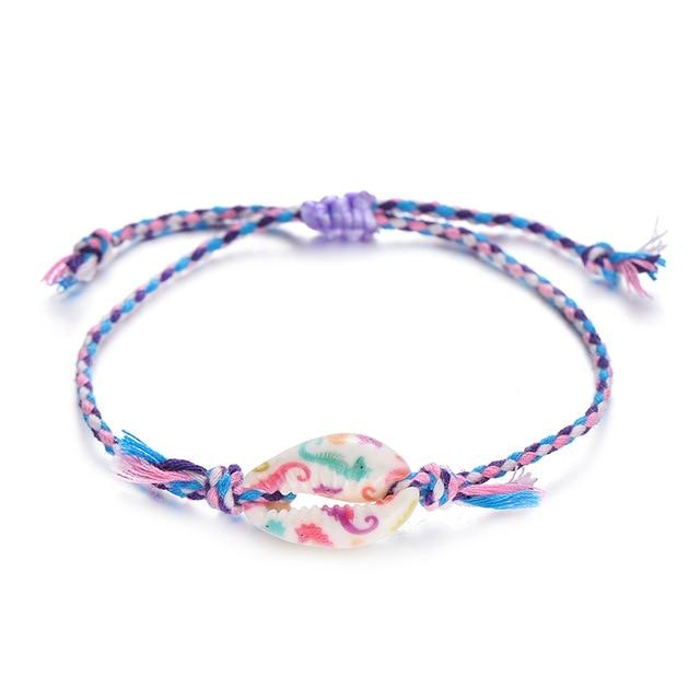 Printed Cowrie  Shell & Braided Cotton Rope  SUMMER FUN Boho Charm Bracelet-25 Styles/Colors