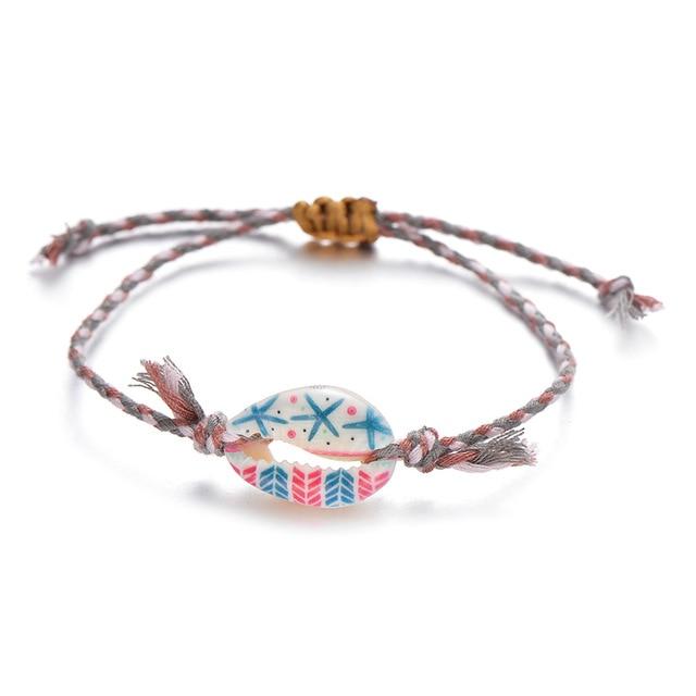 Printed Cowrie  Shell & Braided Cotton Rope  SUMMER FUN Boho Charm Bracelet-25 Styles/Colors