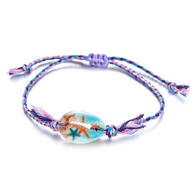 Printed Cowrie  Shell & Braided Cotton Rope  SUMMER FUN Boho Charm Bracelet-25 Styles/Colors