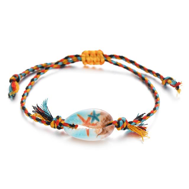 Printed Cowrie  Shell & Braided Cotton Rope  SUMMER FUN Boho Charm Bracelet-25 Styles/Colors