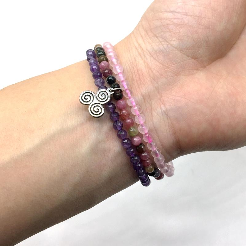 ATTRACT YOUR SOULMATE ( For Gals)  -Rainbow Tourmaline,Rose Quartz & Amethyst- 3/pc  *MIGHTY MINIS*  Healing Energy Stone Bracelets