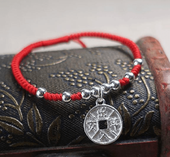 Sterling Silver LUCKY COIN Red Rope Bracelet