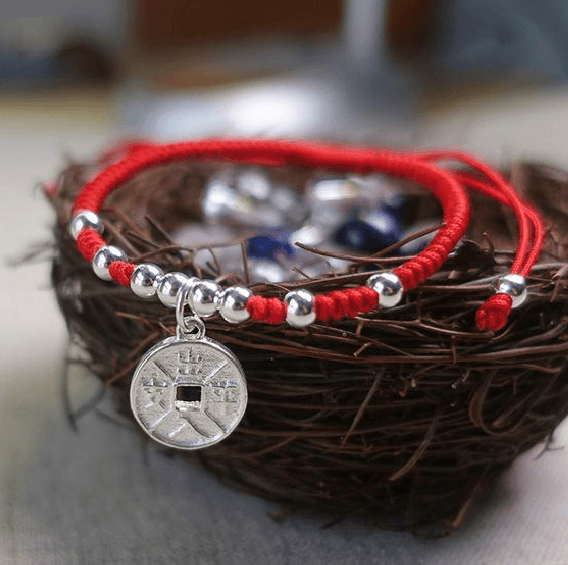 Sterling Silver LUCKY COIN Red Rope Bracelet