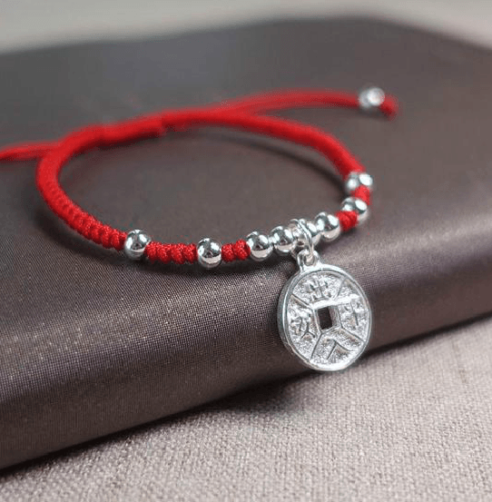 Sterling Silver LUCKY COIN Red Rope Bracelet