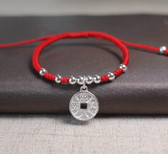 Sterling Silver LUCKY COIN Red Rope Bracelet