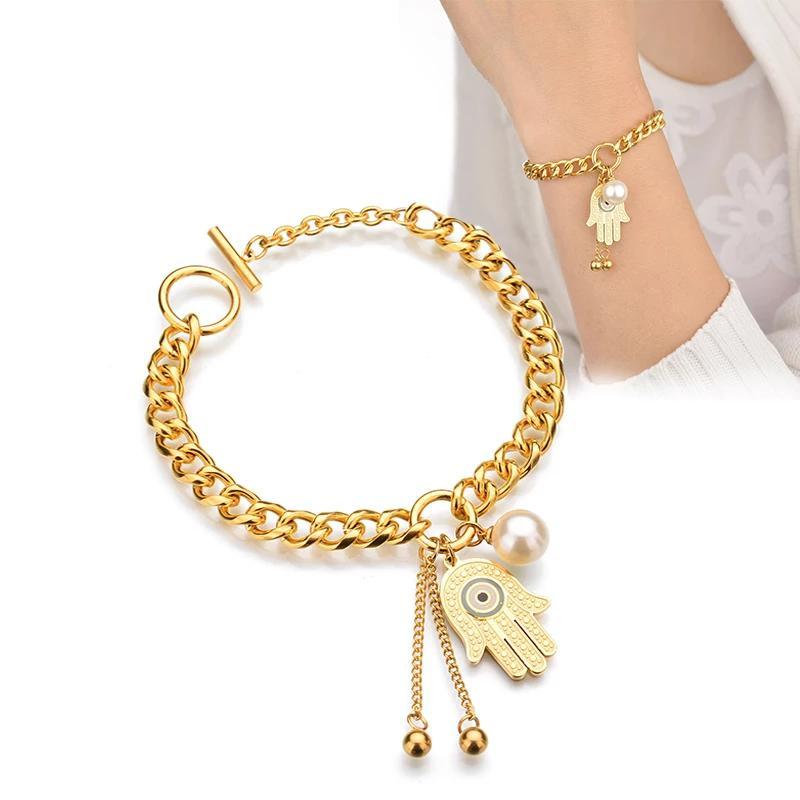 Lucky Hamsa Hands with Evil Eye Gold Bangle-Your Soul Place